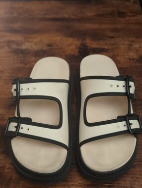 Coach Cream & Black Double-Buckle Slide Sandals
